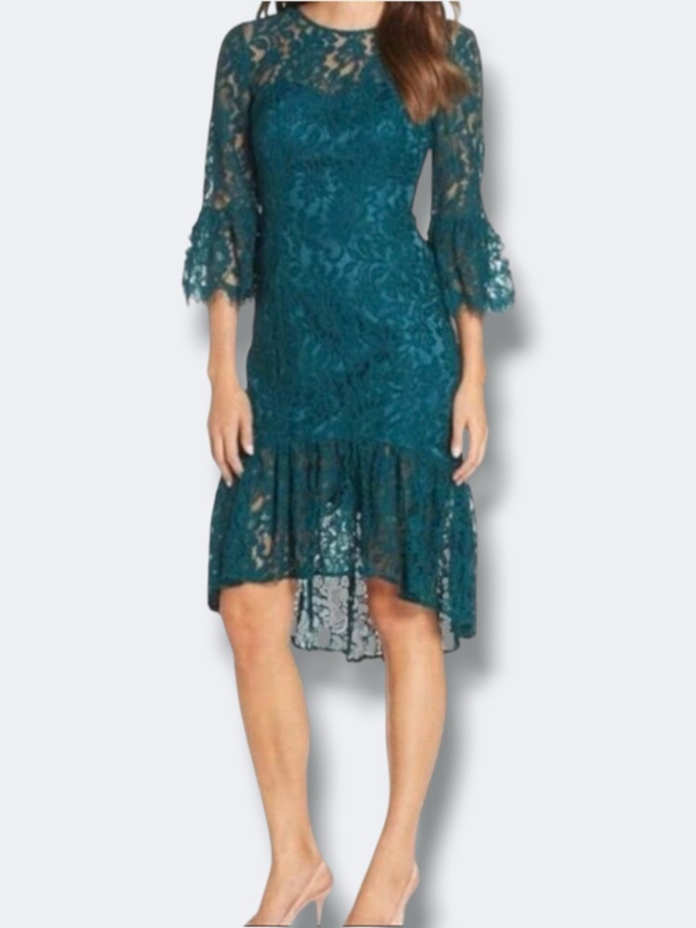 Eliza J Dress Women 6 Teal Lace Sheath High Low Bell Sleeve Cocktail Party New
